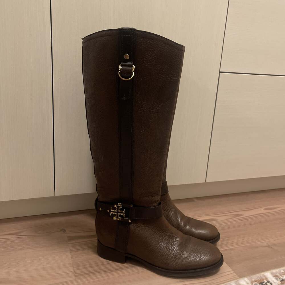 Tory Burch Brown Pebbled Leather Tall Riding Logo Boots Wm Sz 8.5